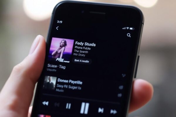 Изображение для Рука держит смартфон, на котором отображается музыкальное приложение, воспроизводящее песню Fedy Studs "Phone Futile". На экране отображается обложка альбома с женщиной и детали песни, подчеркивая возможность скачать на телефон легально и слушать бесплатную музыку. картинка