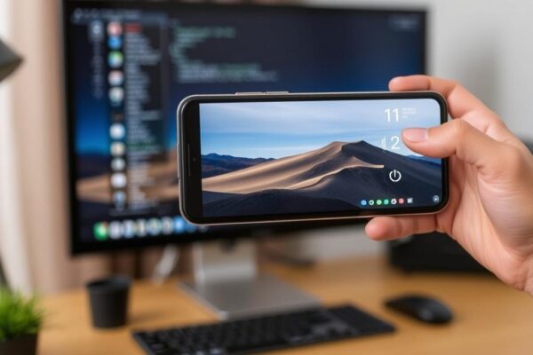 Изображение для Человек держит смартфон с изображением пустынного пейзажа, безопасно управляя компьютером с телефона перед монитором с кодом-на столе клавиатура, мышь, небольшой цветок и чашка кофе. картинка