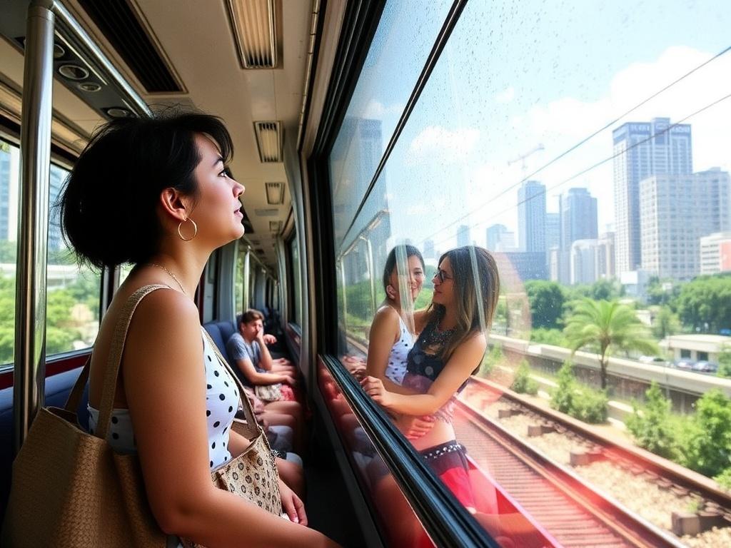 Изображение для Женщина в белом платье в горошек стоит в душном метро и задумчиво смотрит в окно на освещенный солнцем городской пейзаж с высокими зданиями, зеленью и железнодорожными путями. Рядом сидят другие пассажиры. картинка
